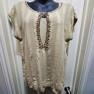 EMMA & JAMES 2 Piece Tan Linen Blend Sequin Bead Duo Top, XL
